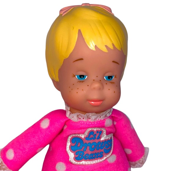 Mattel Toys Vintage 982 Lil Drowsy Beans Mattel Baby Doll Girl Pink Polka Dot Blonde Lace